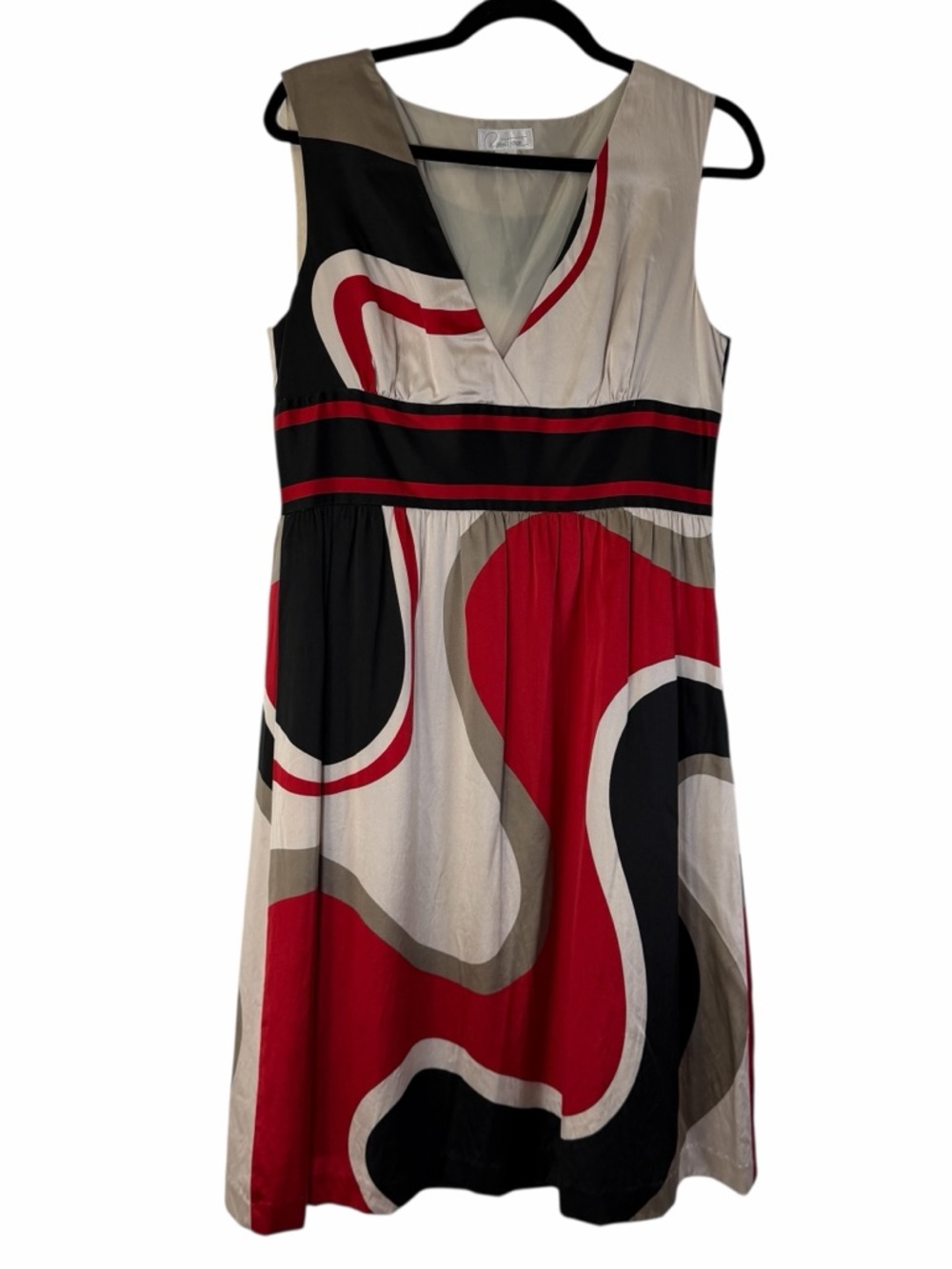 Robin Howe Silk Sleeveless Red Black‎ Beige Artsy Printed V-Neck Dress Sz 12